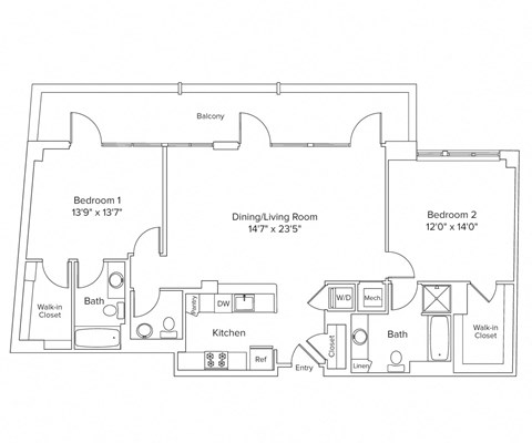 Floor plan for 2 beds, 2 baths, 1321 sqft